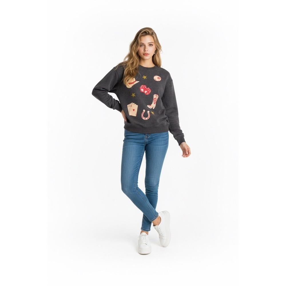 Attitude Not Included Charcoal Gray Western Graphic Sweatshirt‎ Cowgirl Hearts L